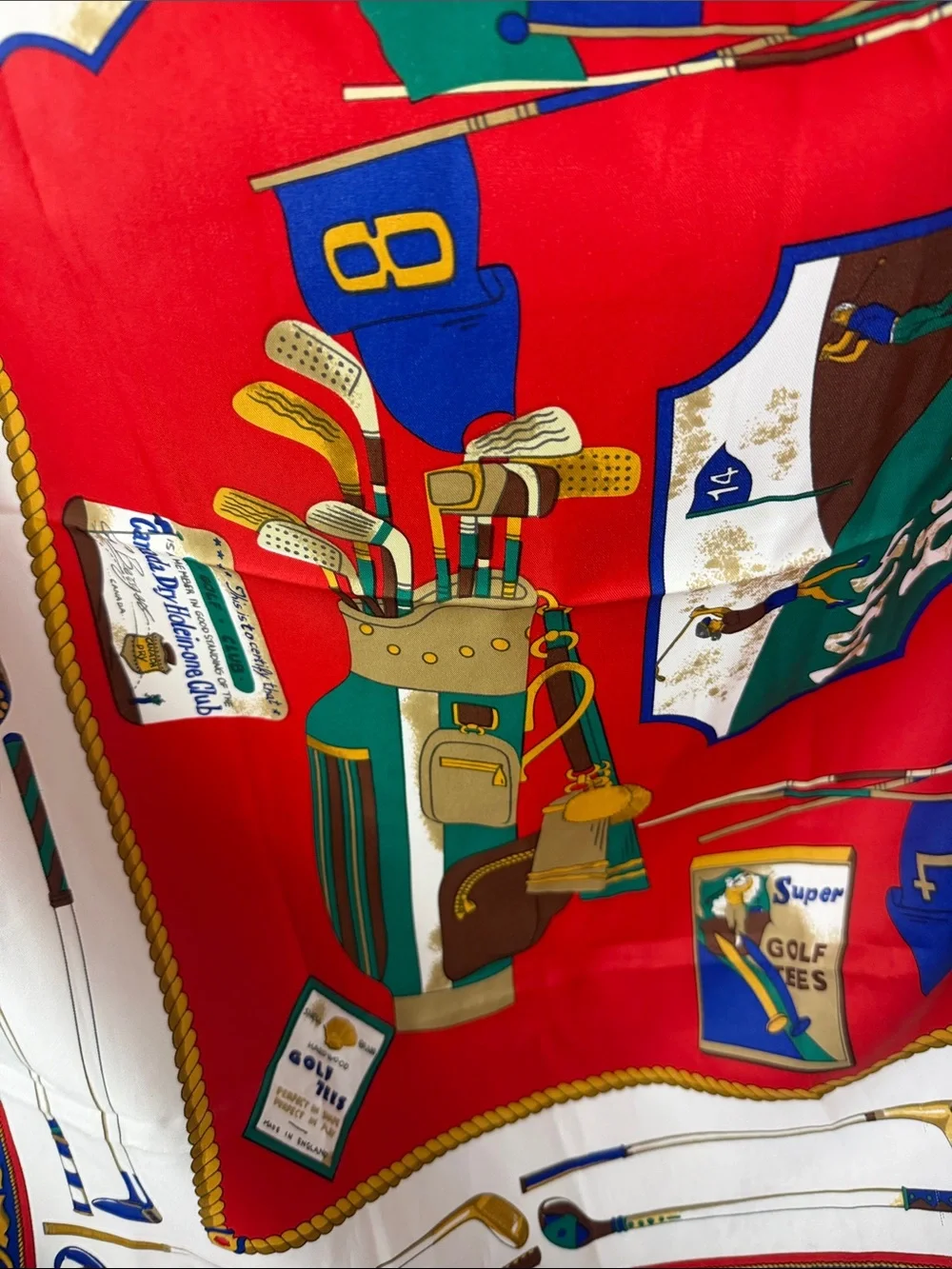 Vintage Brooks Brothers Red Golf-Themed Silk Scarf with Green, Blue & Gold